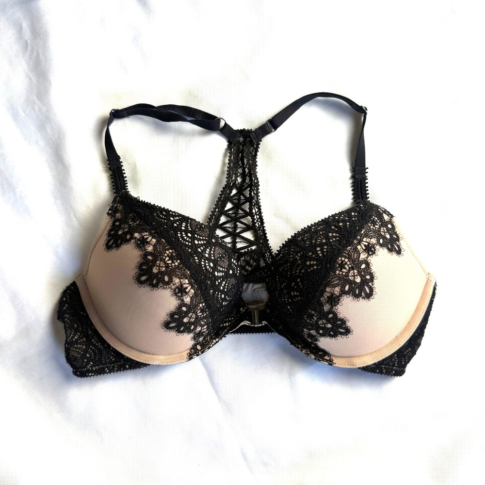 Victorias Secret Very Sexy Push Up Bra Black Lace Beige Front Close Racerback